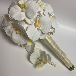 White Orchid Silk Flower Bouquet Ivory Ribbon Wrapped 13” & Boutonniere wedding